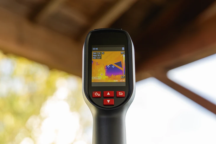 Inspecteur examinant une maison à l'aide d'une loupe, d'une inspection de maison et d'un concept immobilier