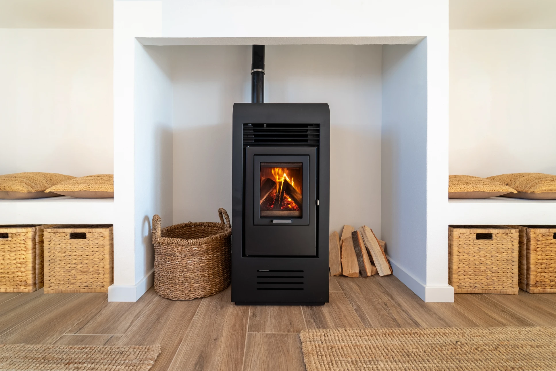 Cheminée moderne en fonctionnement dans salon contemporain, feu vif avec bûches consumées, flammes jaunes-oranges visibles